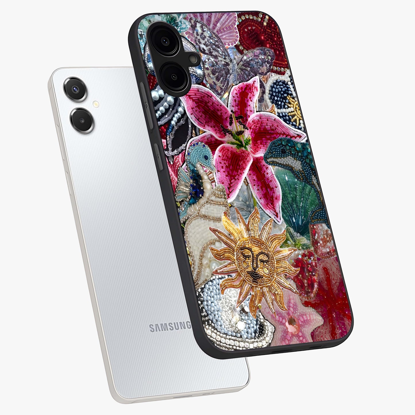 Beaded Garden Fantasy Glass Case displayed in angled mockup highlighting fantasy inspired floral bead pattern.