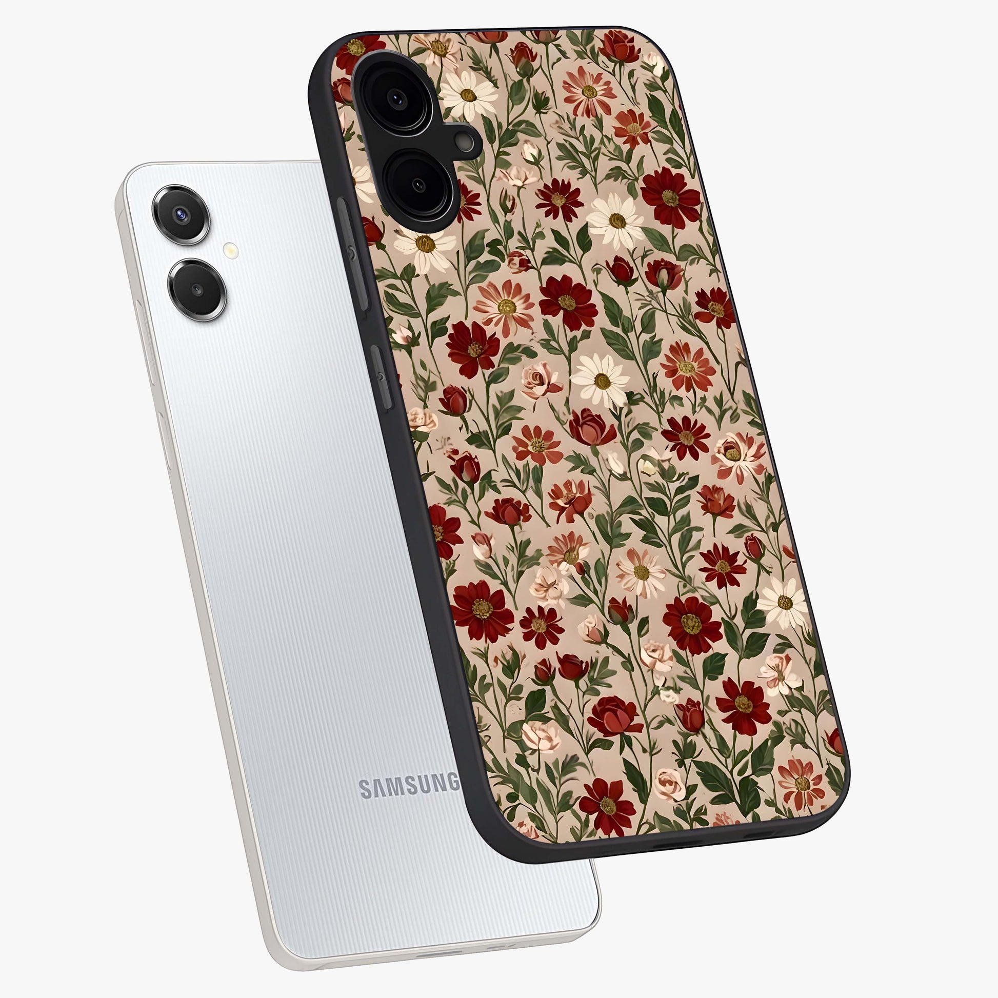 Biege Flower With Leaf Glass Case displayed in angled mockup highlighting minimal floral leaf design and elegant aesthetic.