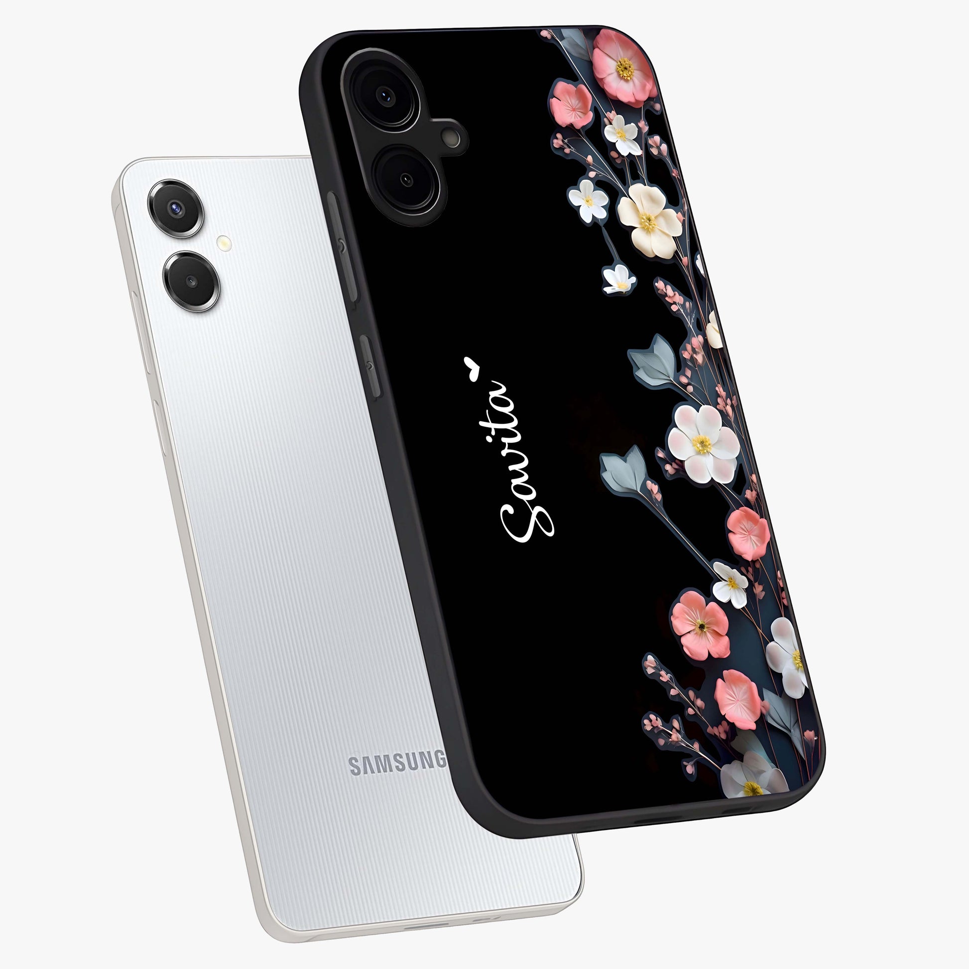 Black Elegance Floral Custom Name Glass Case displayed in angled mockup highlighting dark floral aesthetic and custom name feature.