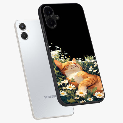 Blissful Bloom Cat Glass Case displayed in angled mockup highlighting playful feline illustration with soft floral aesthetic.