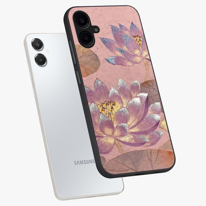 Blossom Mist Lotus Glass Case displayed in angled mockup highlighting delicate lotus illustration with calm aesthetic theme.