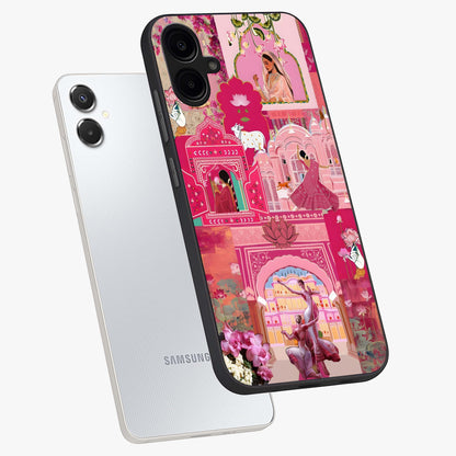 Blossoms of Rajasthan Glass Case displayed in angled mockup highlighting vibrant floral pattern with cultural aesthetic style.
