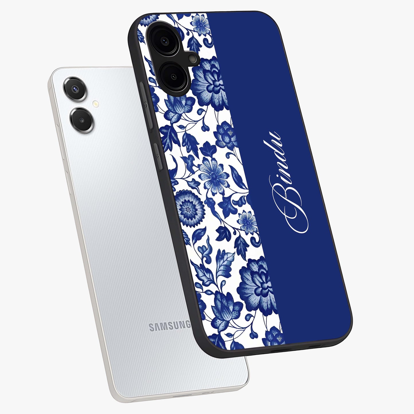 Blue Vintage Floral Pattern Glass Case displayed in angled mockup highlighting subtle bloom pattern with aesthetic pastel design.
