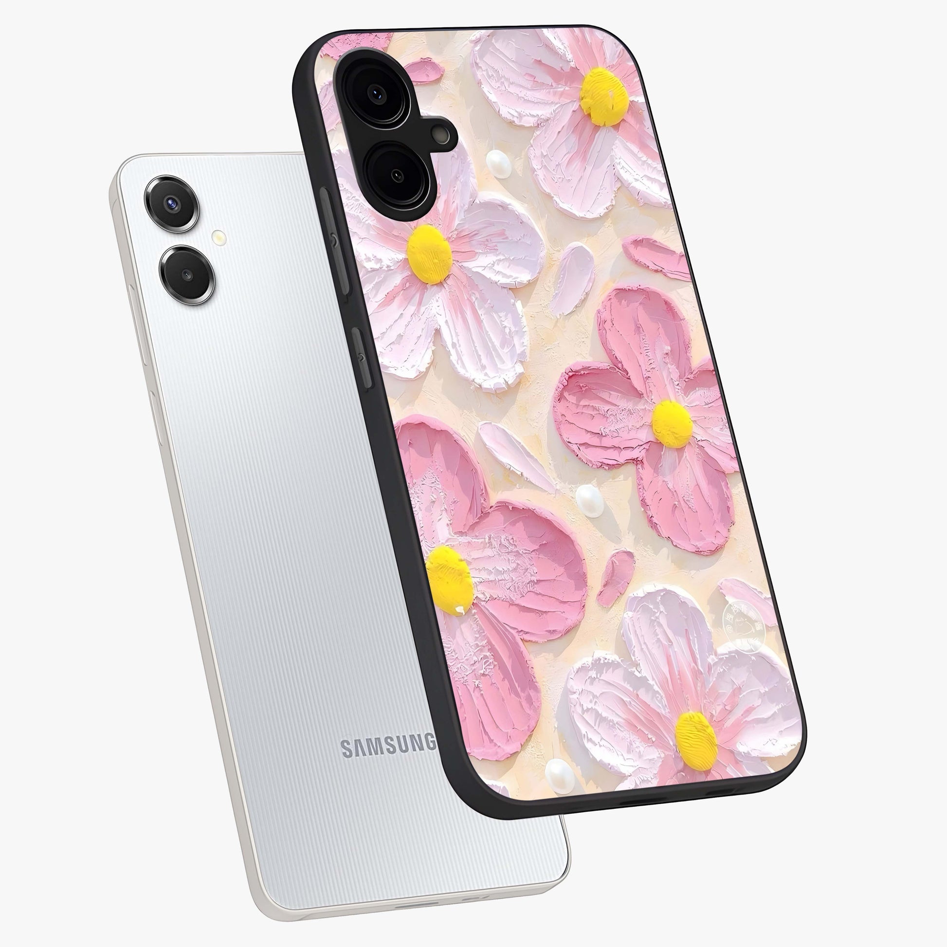 Blush Bloom Texture Glass Case displayed in angled mockup highlighting subtle bloom pattern with aesthetic pastel design.