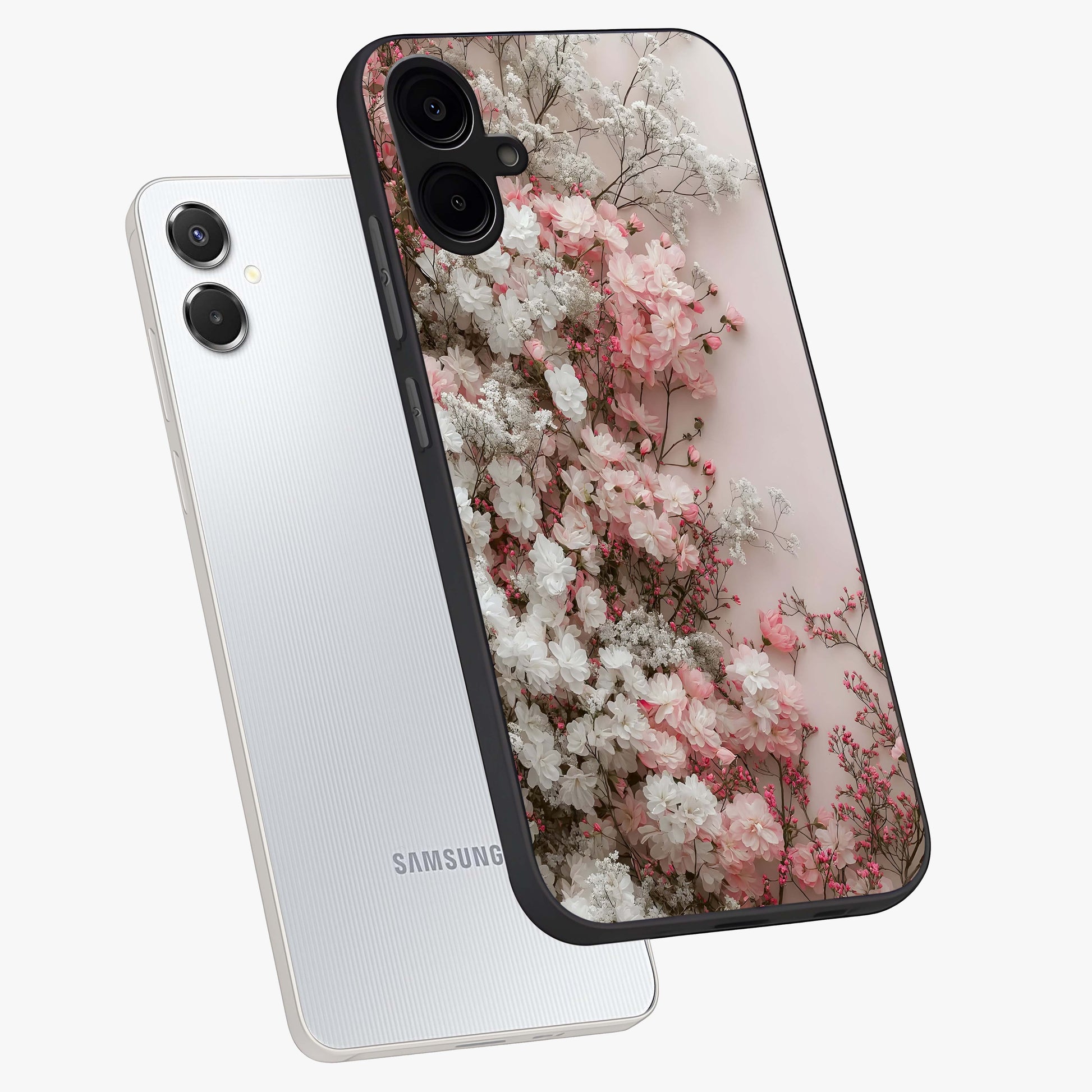 Blush Blossom Cloud Glass Case displayed in angled mockup highlighting soft cloud and blossom design with pastel aesthetic.