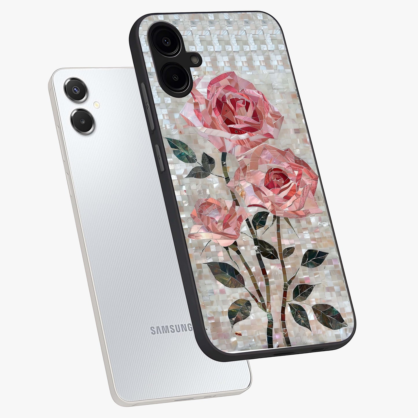Blush Mosaic Bloom Glass Case displayed in angled mockup highlighting artistic mosaic flower pattern with aesthetic design.