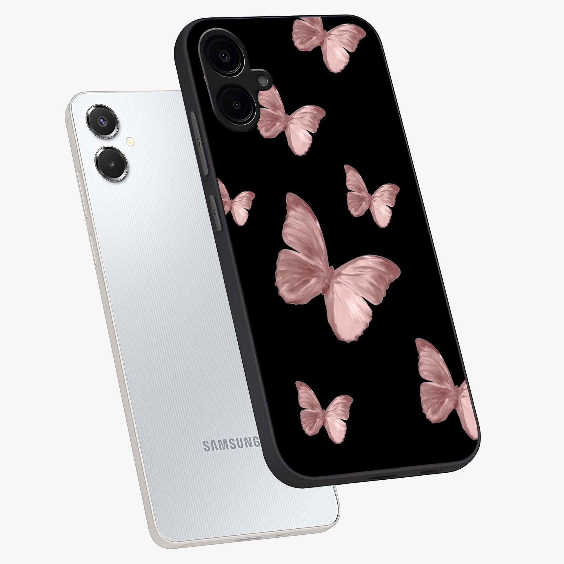 Butterfly Pattern Glass Case displayed in angled mockup highlighting delicate butterfly design and aesthetic pattern style.