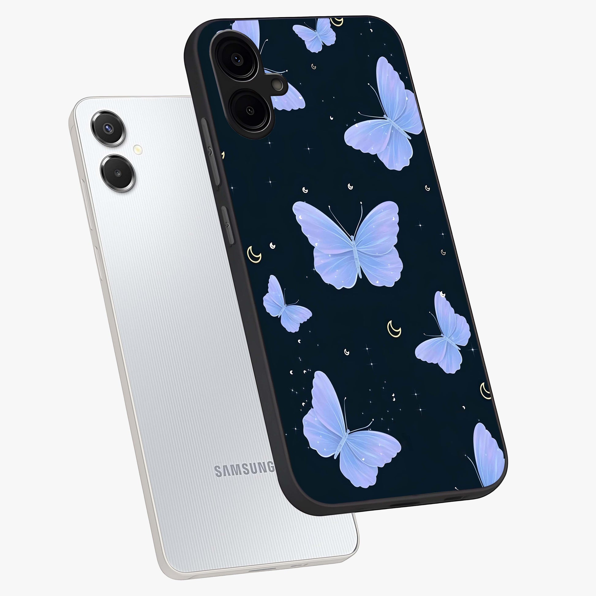 Butterfly With Stars Pattern Glass Case displayed in angled mockup highlighting dreamy butterfly and star design with aesthetic theme.