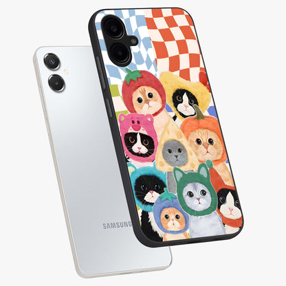 Cats in Fruits Glass Case displayed in angled mockup highlighting cute feline fruit design with colorful aesthetic style.
