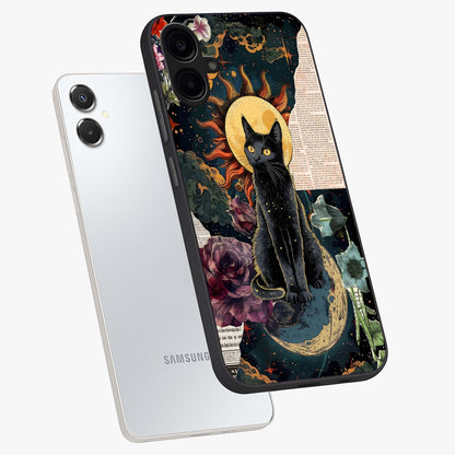 Celestial Black Cat Glass Case displayed in angled mockup highlighting cosmic black cat design with celestial aesthetic.