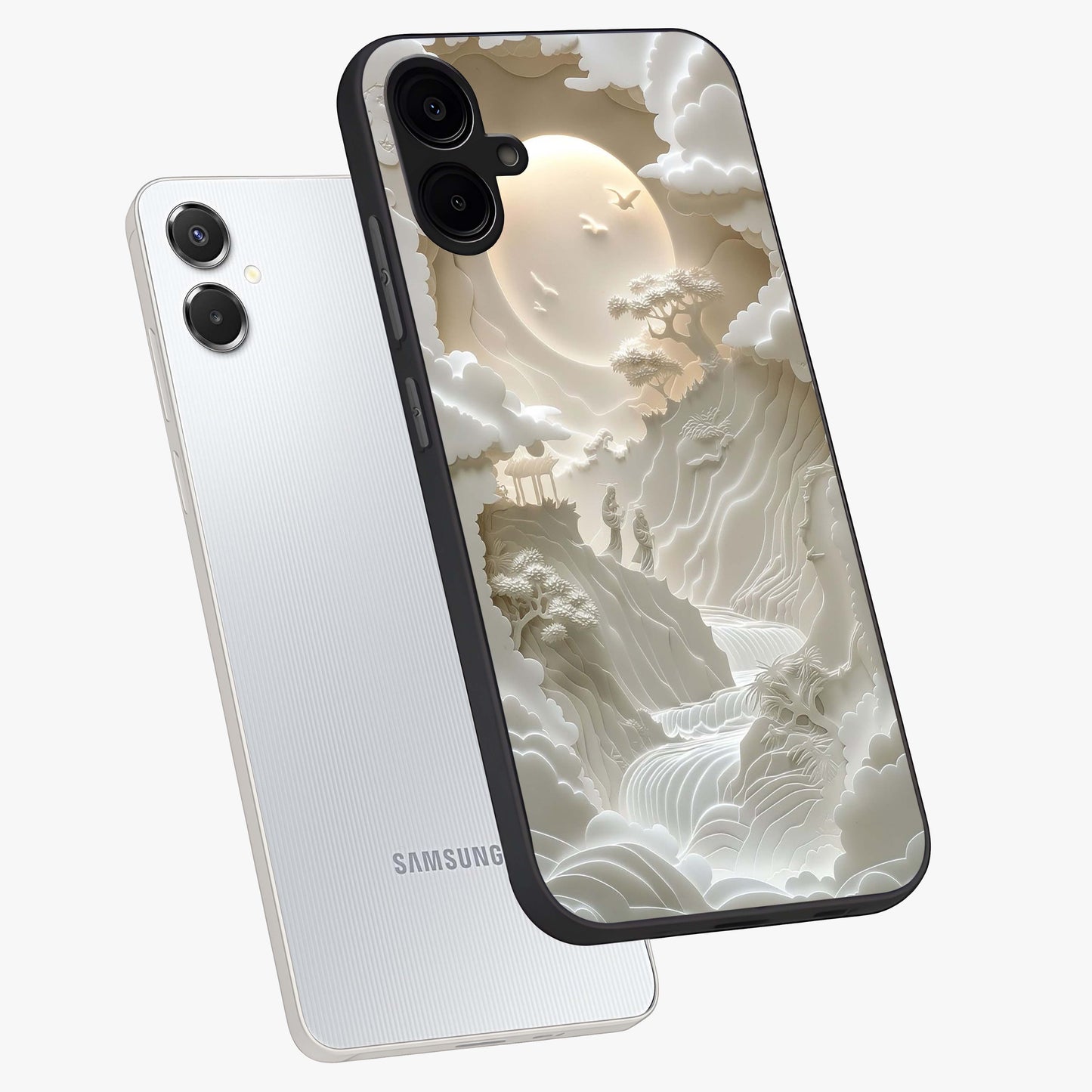 Celestial Origami Glass Case displayed in angled mockup highlighting geometric origami design with cosmic aesthetic theme.
