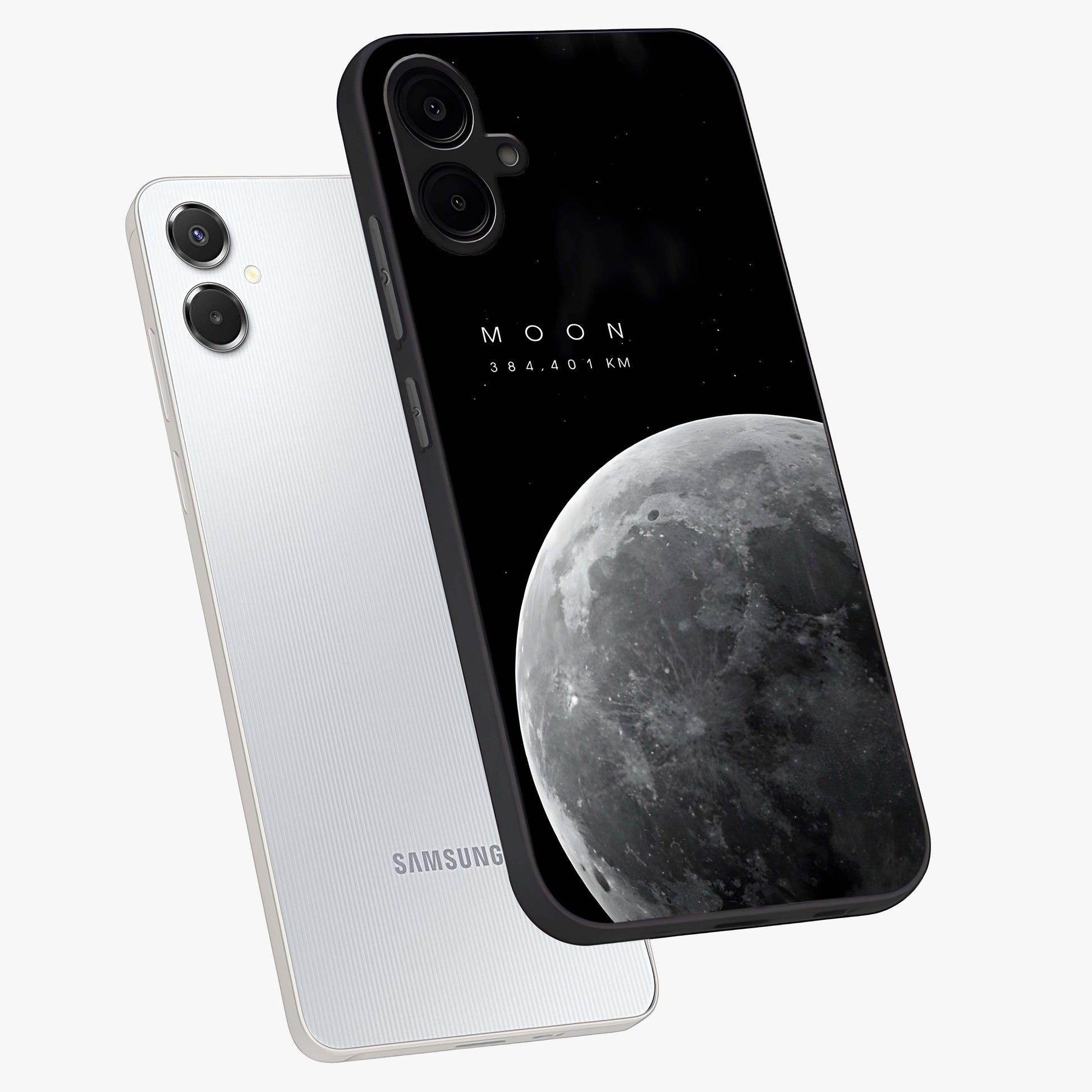 Cosmic Moon Glow Glass Case displayed in angled mockup highlighting celestial moon design with cosmic aesthetic theme.