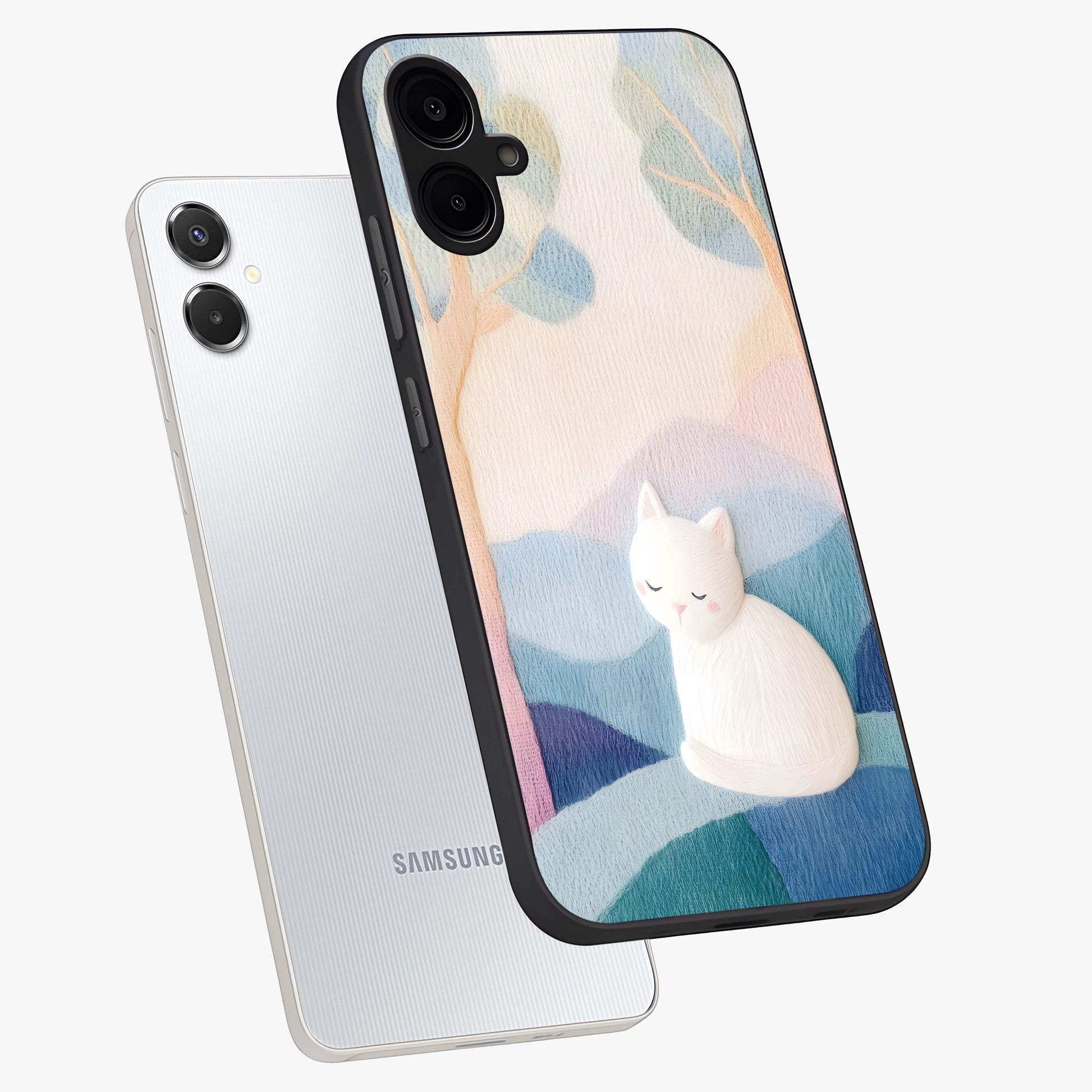 Cotton Dream Cat Glass Case displayed in angled mockup highlighting cute feline illustration with pastel aesthetic style.