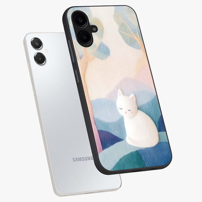 Cotton Dream Cat Glass Case displayed in angled mockup highlighting cute feline illustration with pastel aesthetic style.