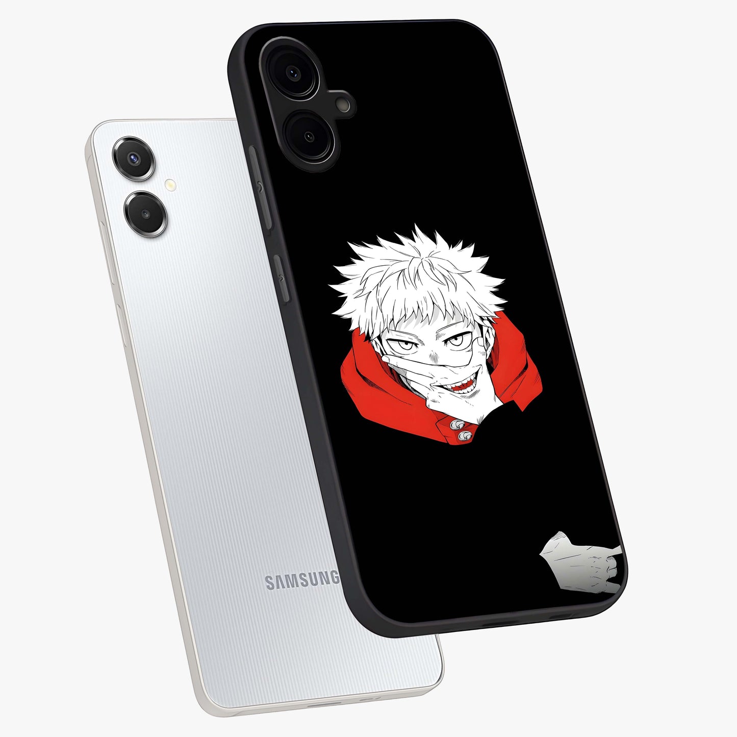 Crimson Chaos Smile Glass Case displayed in angled mockup highlighting edgy crimson smile design with graphic aesthetic.