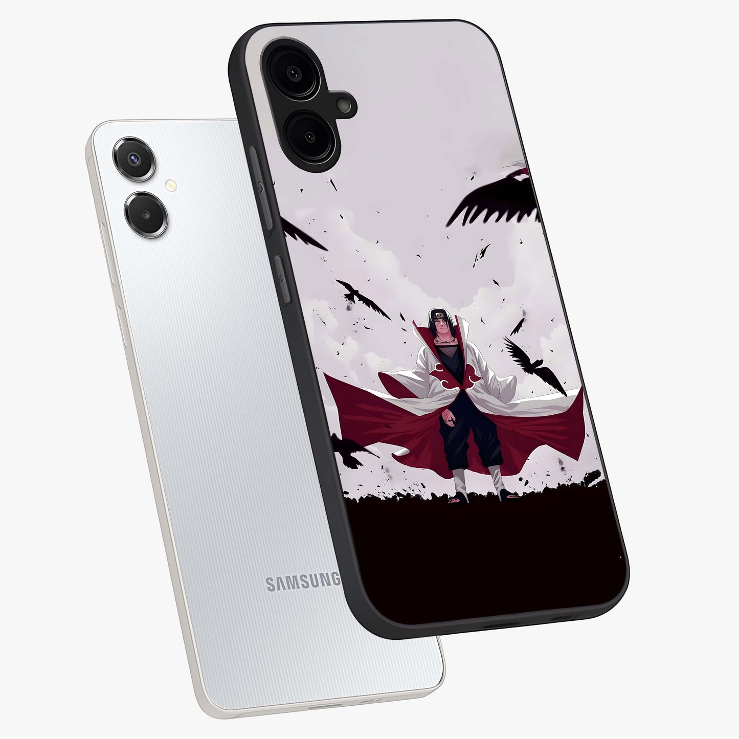 Crimson Crow Ascension Glass Case displayed in angled mockup highlighting powerful crow illustration with dark crimson aesthetic.