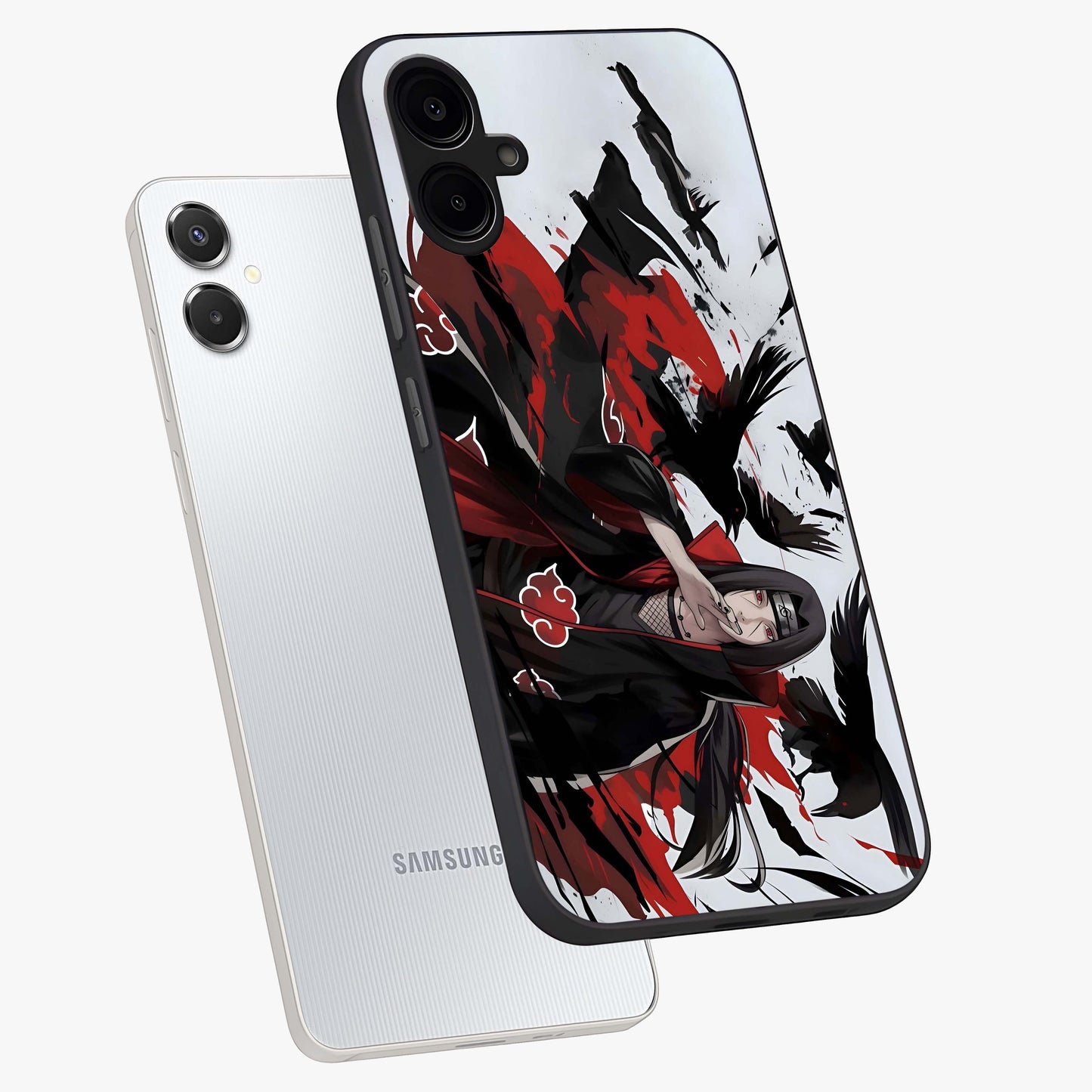Crimson Crow Illusion Glass Case displayed in angled mockup highlighting mysterious crow graphic with dark aesthetic style.