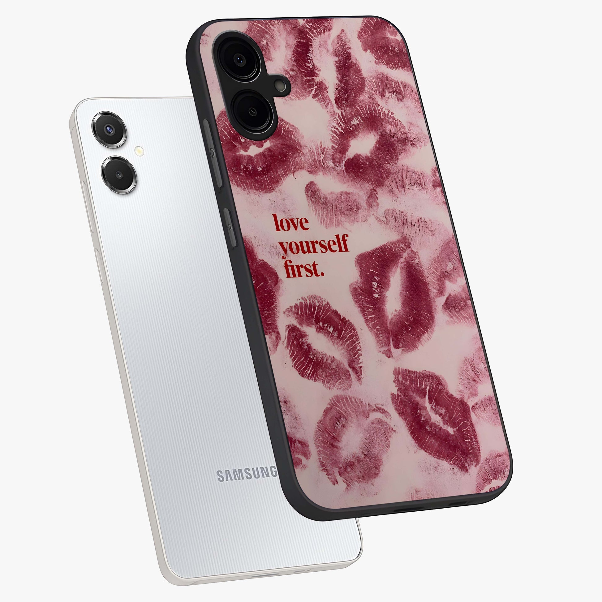 Crimson Kiss Love Glass Case displayed in angled mockup highlighting bold love inspired design with modern aesthetic style.