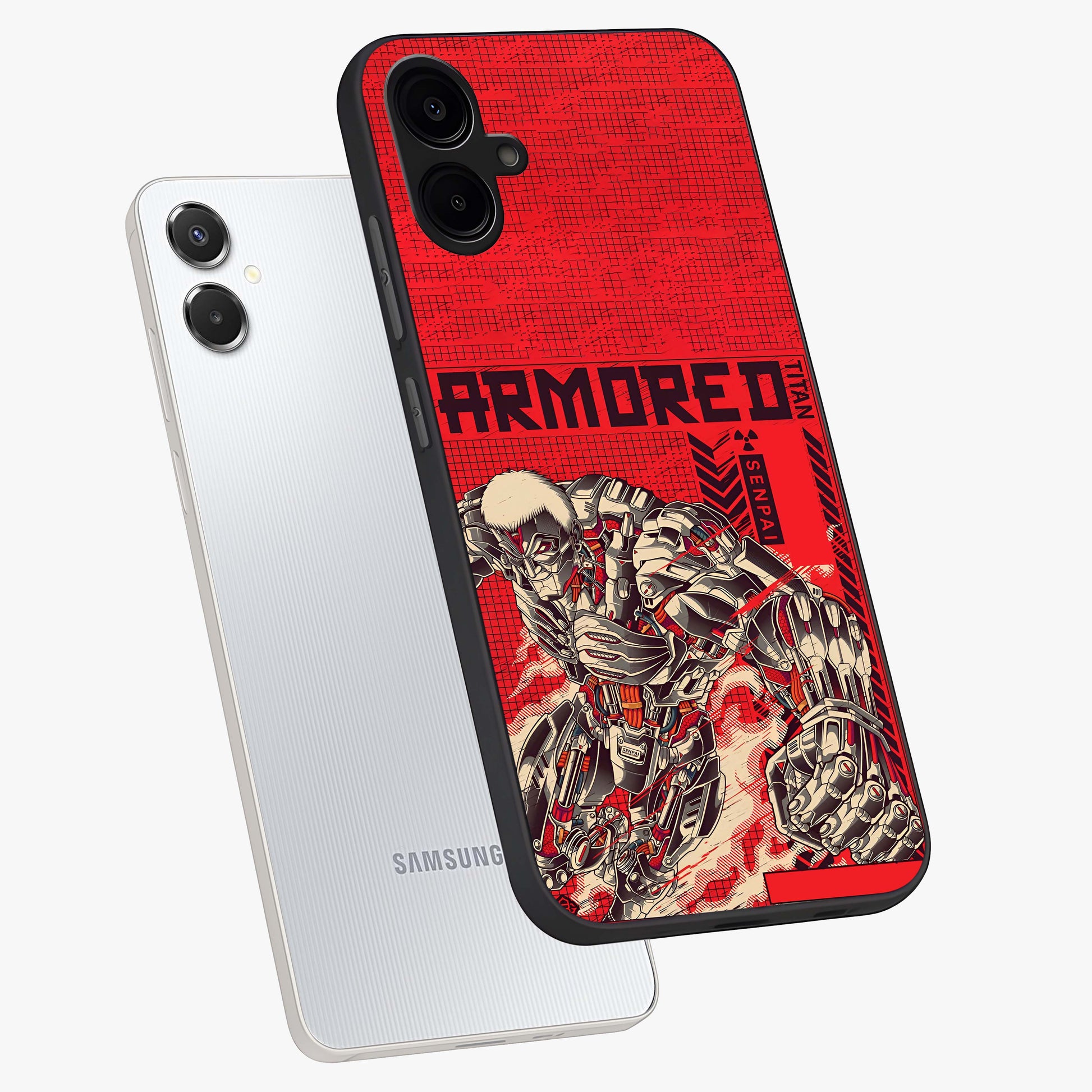 Crimson Mecha Titan Glass Case displayed in angled mockup highlighting futuristic mech illustration with bold crimson aesthetic.