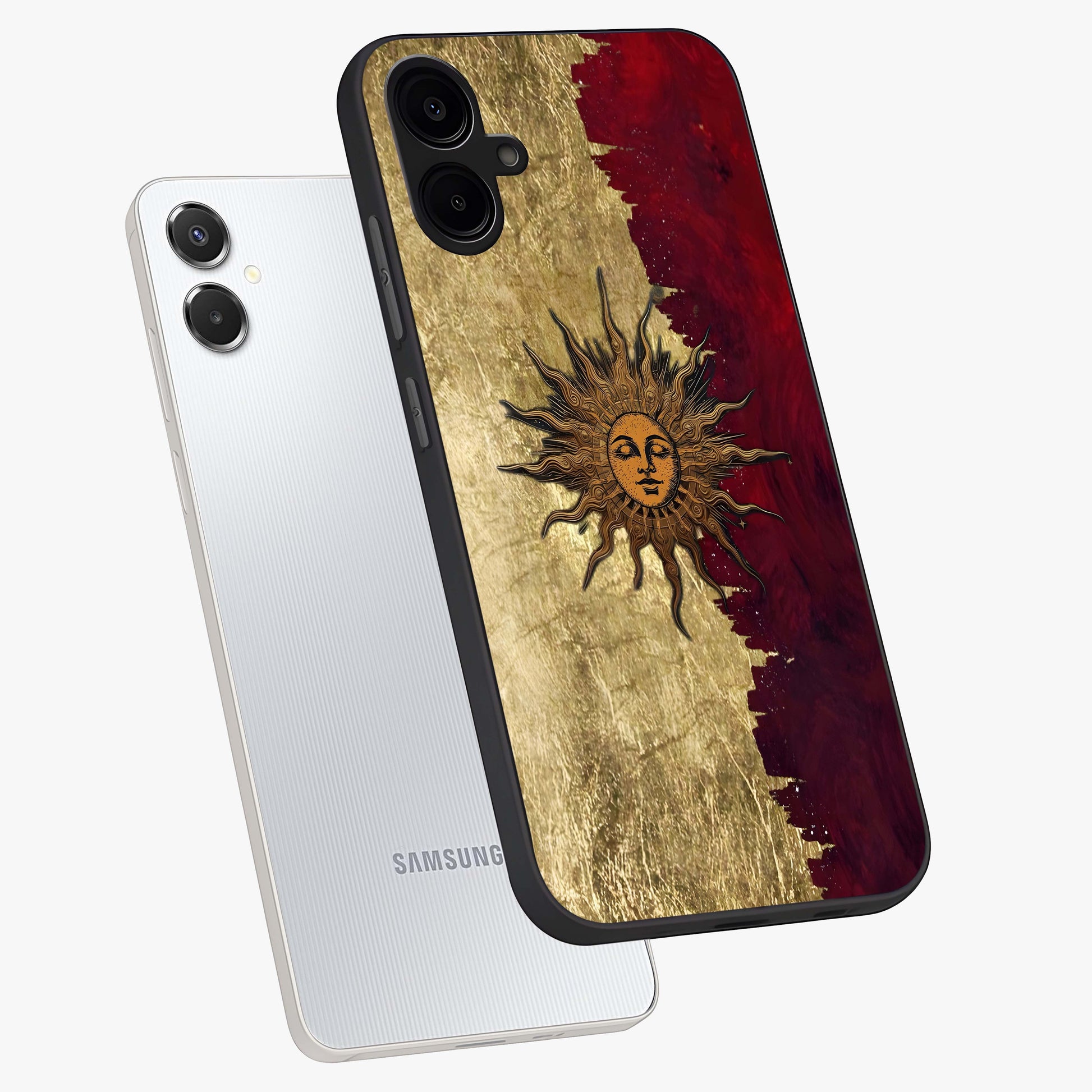 Crimson Sun Majesty Glass Case displayed in angled mockup highlighting majestic crimson sun design with bold aesthetic style.