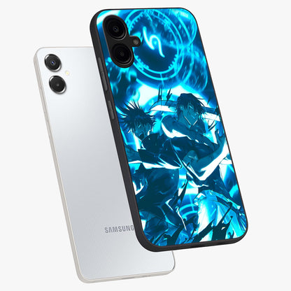 Cursed Energy Clash Glass Case displayed in angled mockup highlighting powerful battle inspired graphic with anime style aesthetic.