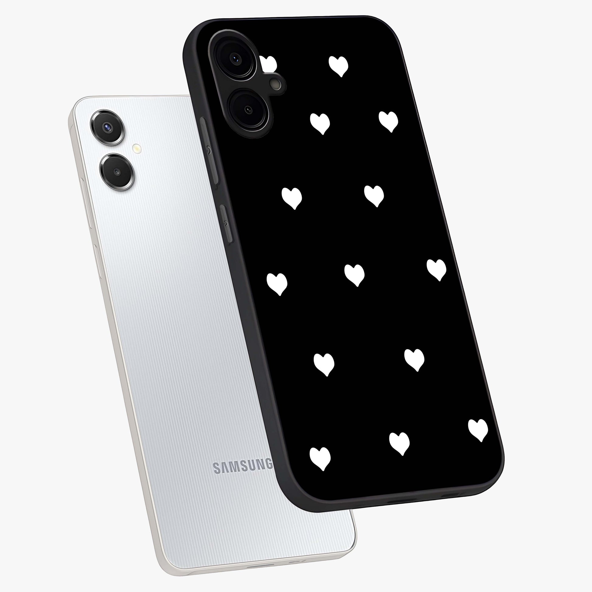 Cute And Simple White Hearts Glass Case displayed in angled mockup highlighting cute heart design with clean aesthetic style.