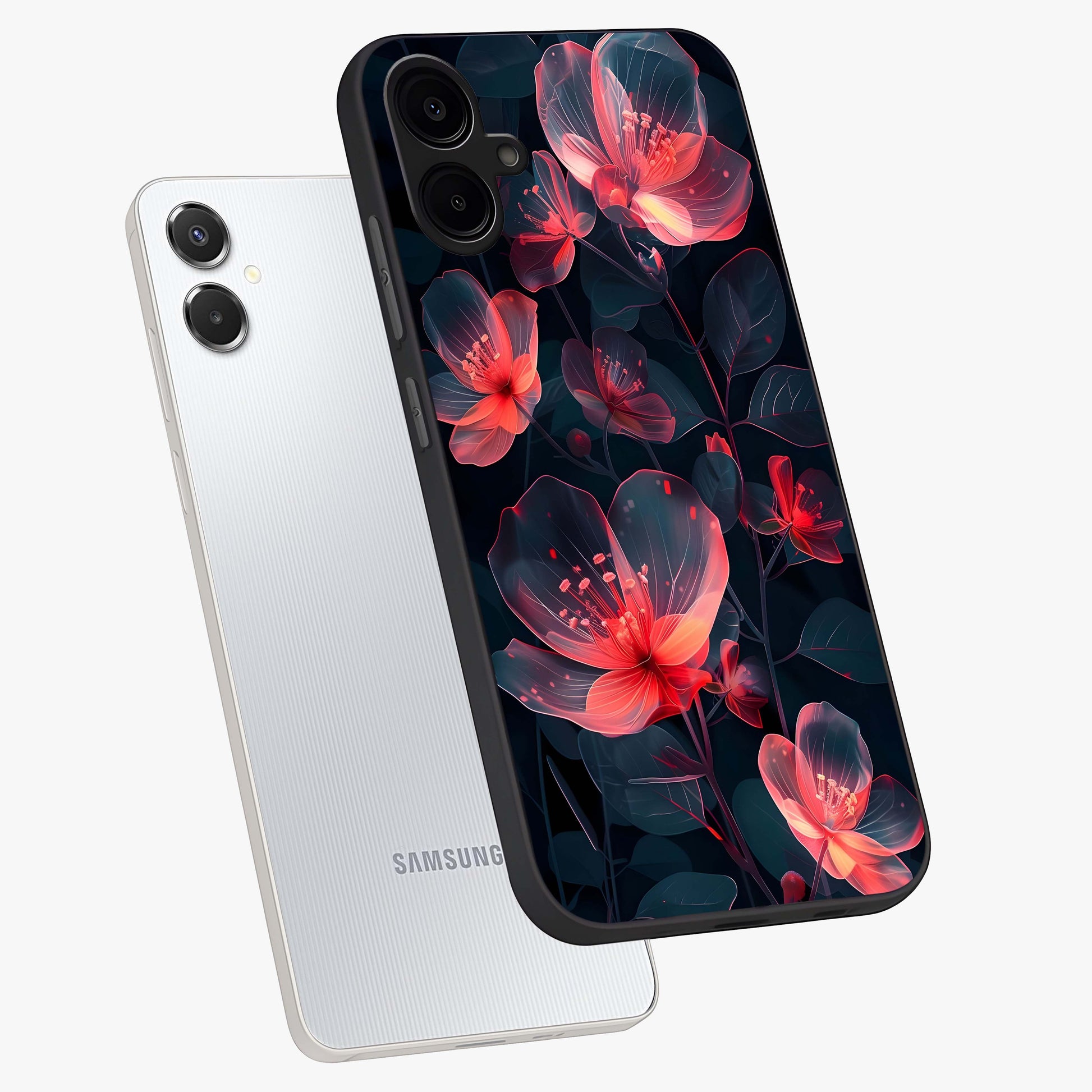 Dark Shade of Flower Glass Case displayed in angled mockup highlighting moody floral illustration with aesthetic dark tones.