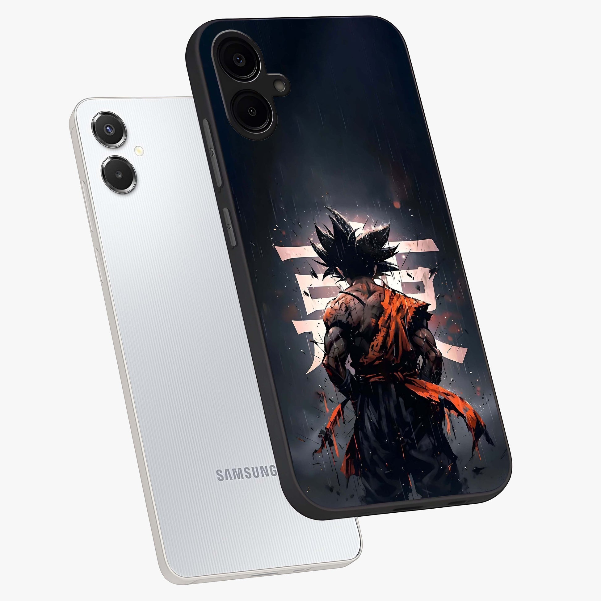 Dark Warrior In Rain Glass Case displayed in angled mockup highlighting dramatic warrior illustration with dark rain aesthetic.