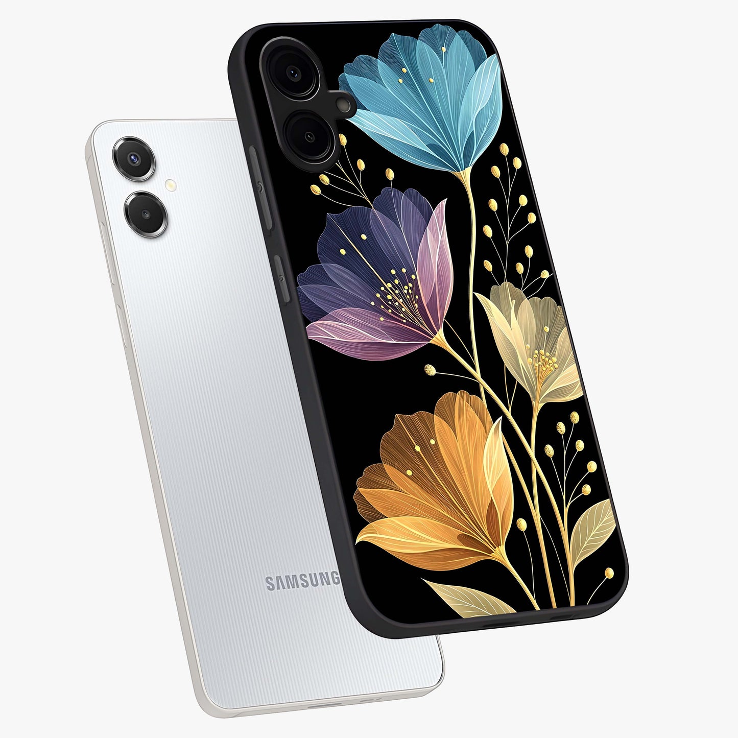 Delicate Multicolor Flowers Glass Case displayed in angled mockup highlighting colorful flower pattern with soft aesthetic style.
