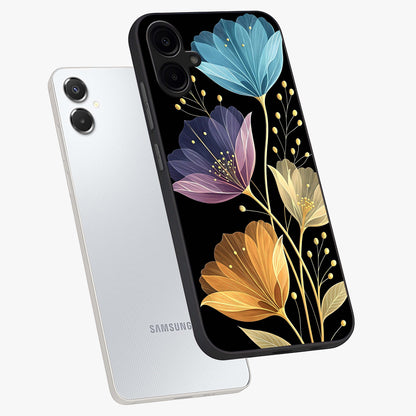 Delicate Multicolor Flowers Glass Case displayed in angled mockup highlighting colorful flower pattern with soft aesthetic style.