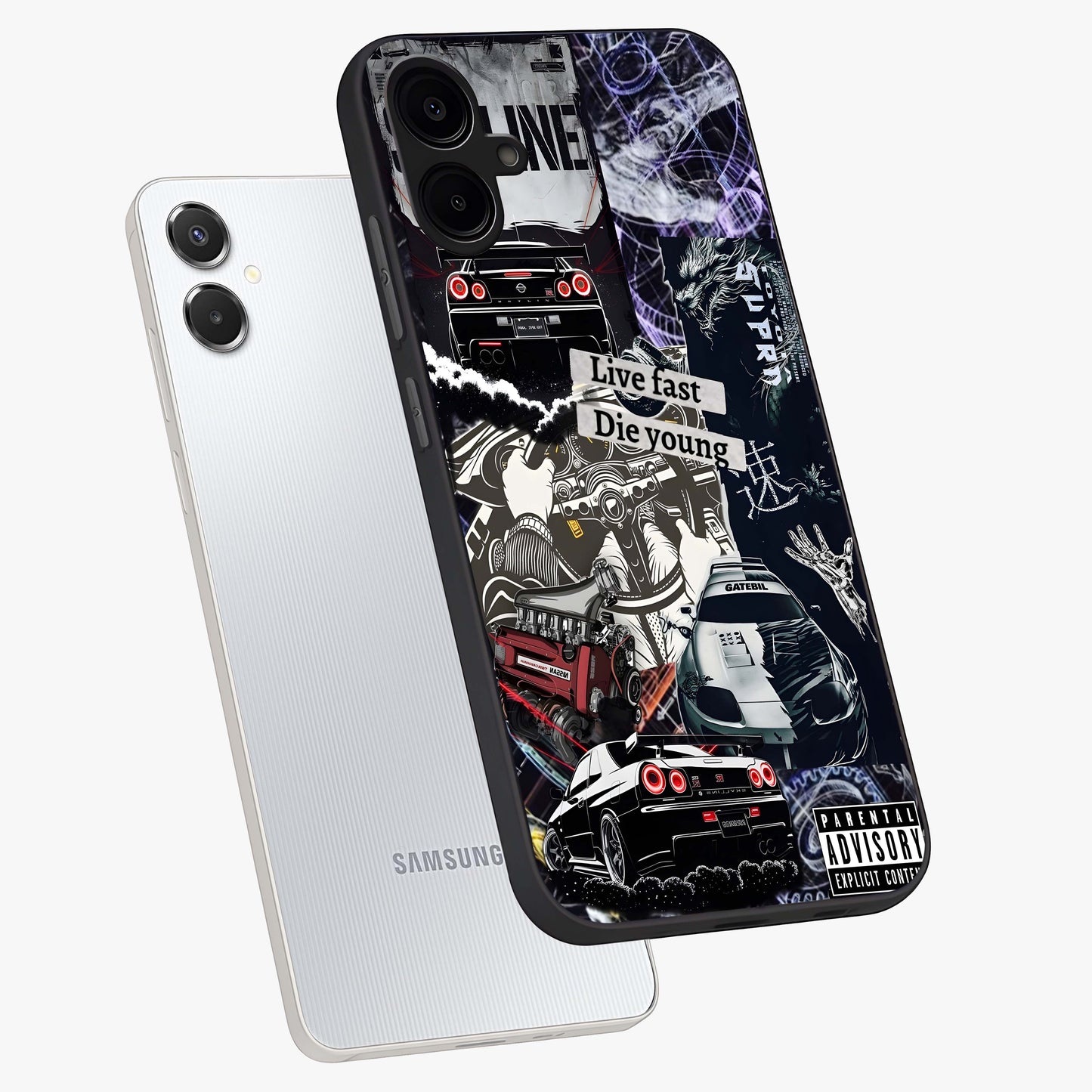 Die Young Glass Case displayed in angled mockup highlighting expressive graphic artwork with edgy aesthetic style.