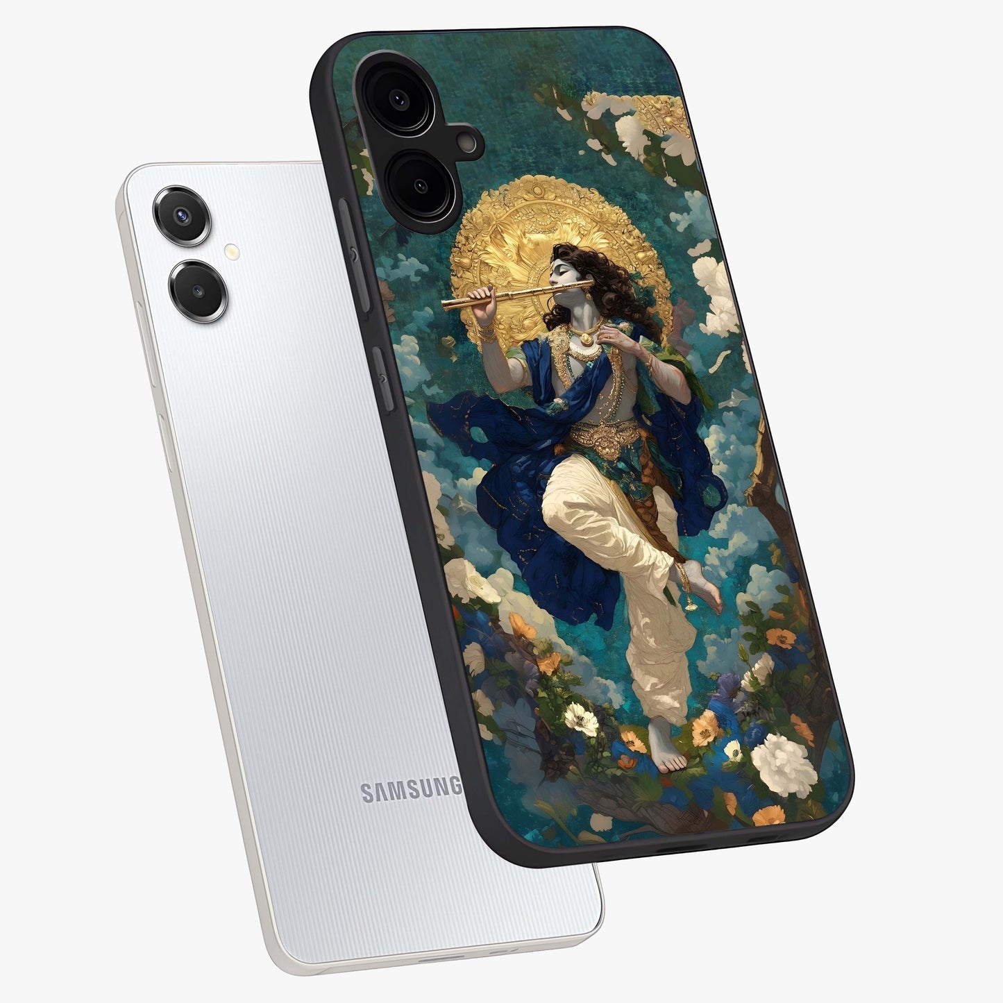 Divine Krishna Art Glass Case displayed in angled mockup highlighting spiritual Krishna illustration with devotional aesthetic.