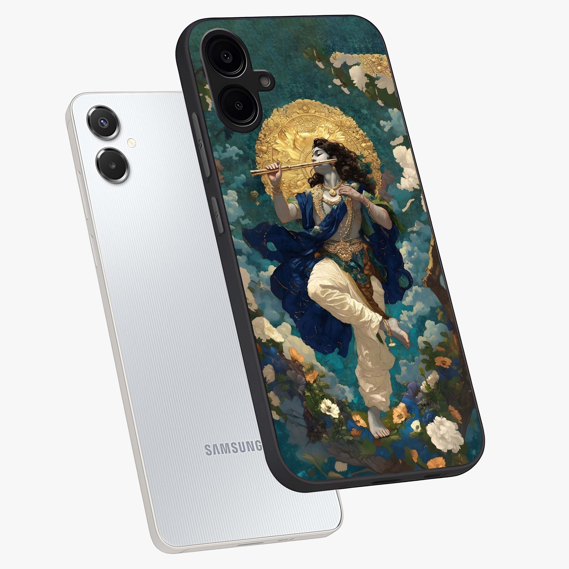 Divine Krishna Art Glass Case displayed in angled mockup highlighting spiritual Krishna illustration with devotional aesthetic.