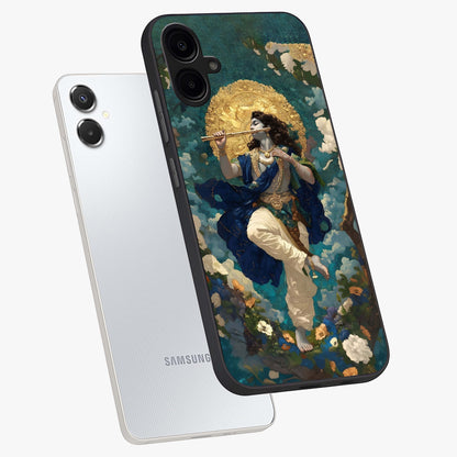 Divine Krishna Art Glass Case displayed in angled mockup highlighting spiritual Krishna illustration with devotional aesthetic.