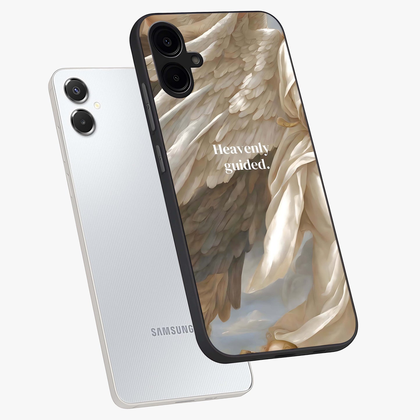 Divine Winged Grace Glass Case displayed in angled mockup highlighting graceful wing design with divine aesthetic style.