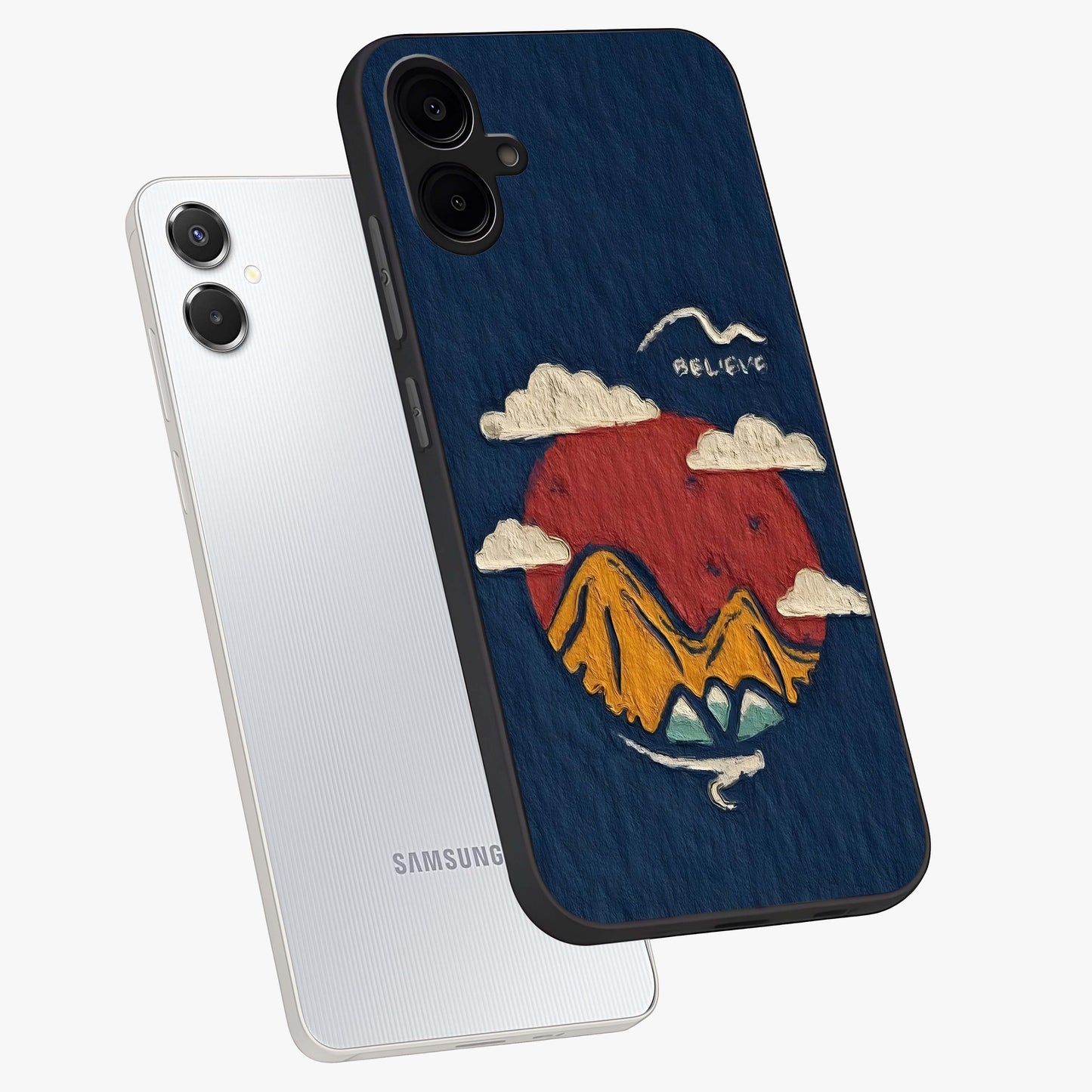 Dream Beyond Mountains Glass Case displayed in angled mockup highlighting dreamy mountain illustration with peaceful aesthetic.