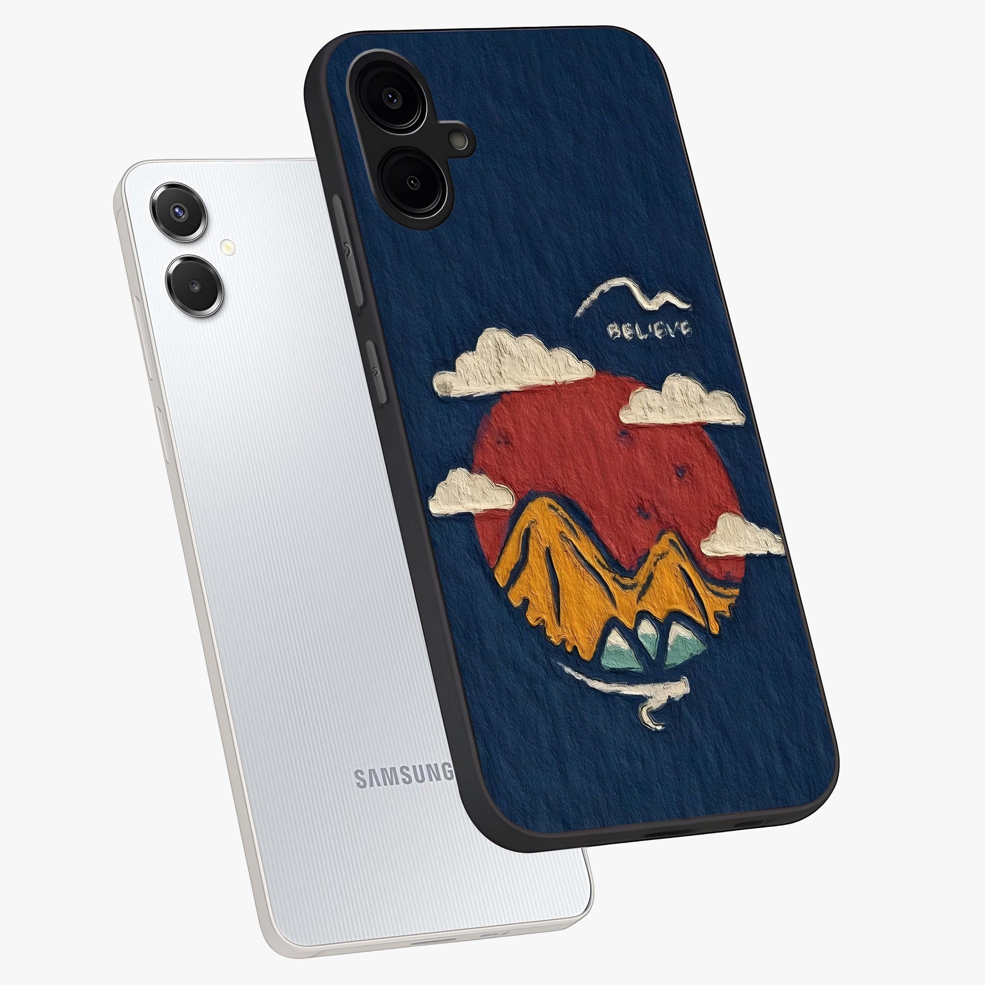 Dream Beyond Mountains Glass Case displayed in angled mockup highlighting dreamy mountain illustration with peaceful aesthetic.