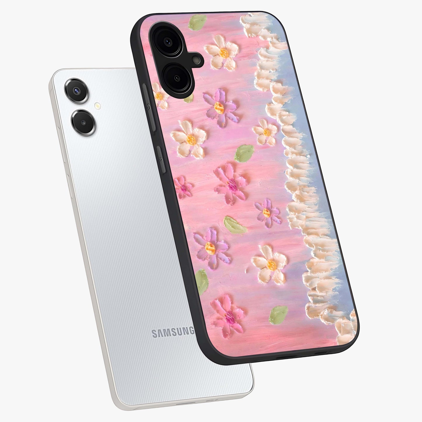 Dreamy Painted Garden Glass Case displayed in angled mockup highlighting colorful garden illustration with dreamy aesthetic style.