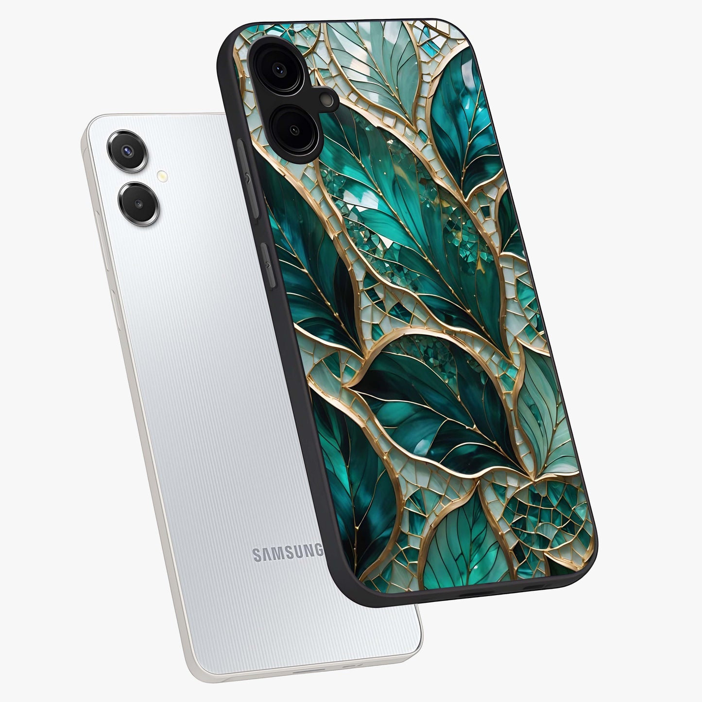 Emerald Leaf Glass Glass Case displayed in angled mockup highlighting botanical leaf illustration with elegant natural aesthetic.