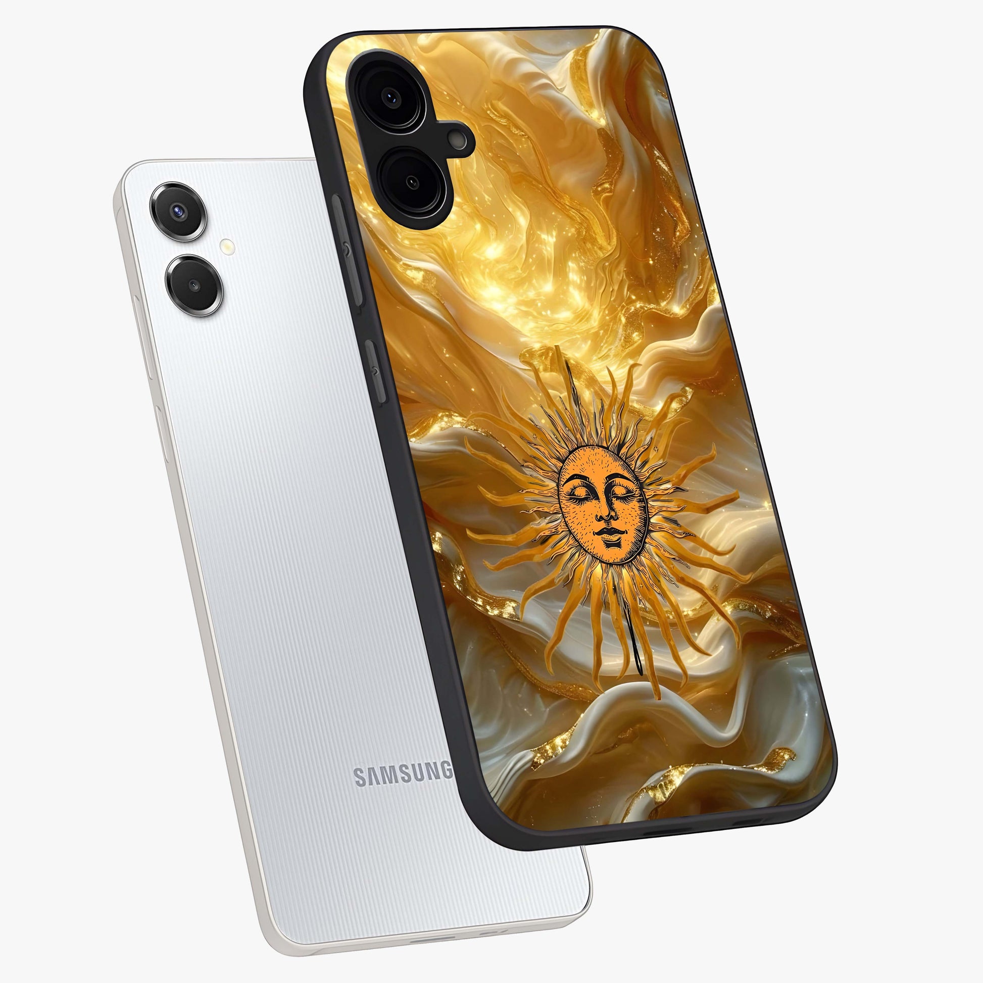 Eternal Golden Glow Glass Case displayed in angled mockup highlighting glowing golden aesthetic design with elegant style.