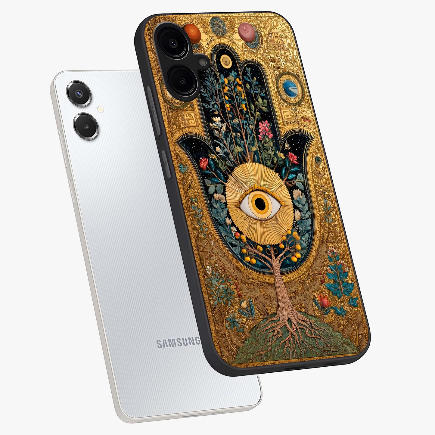 Ethereal Evil Eye Glass Case displayed in angled mockup highlighting protective evil eye symbol with spiritual aesthetic design.