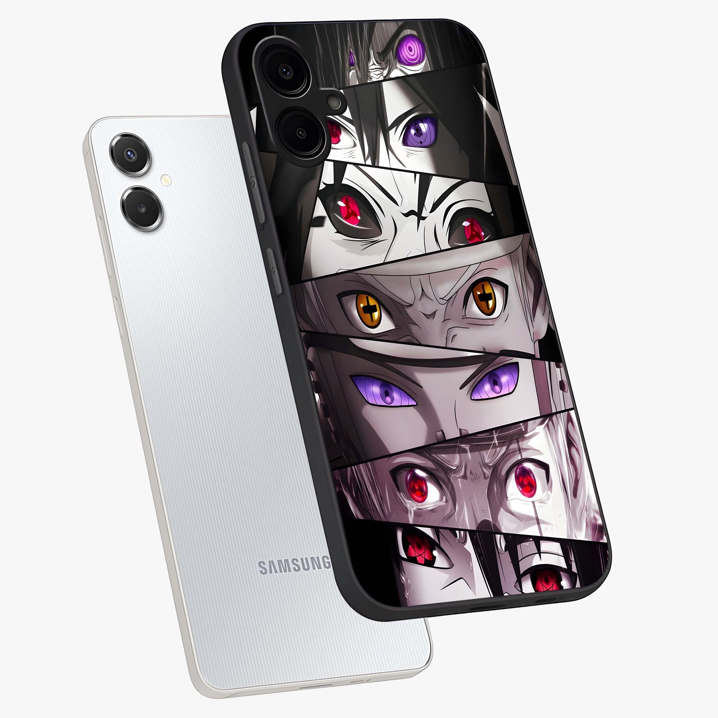 Eyes of Destiny Glass Case displayed in angled mockup highlighting bold eye illustration with mystical aesthetic style.