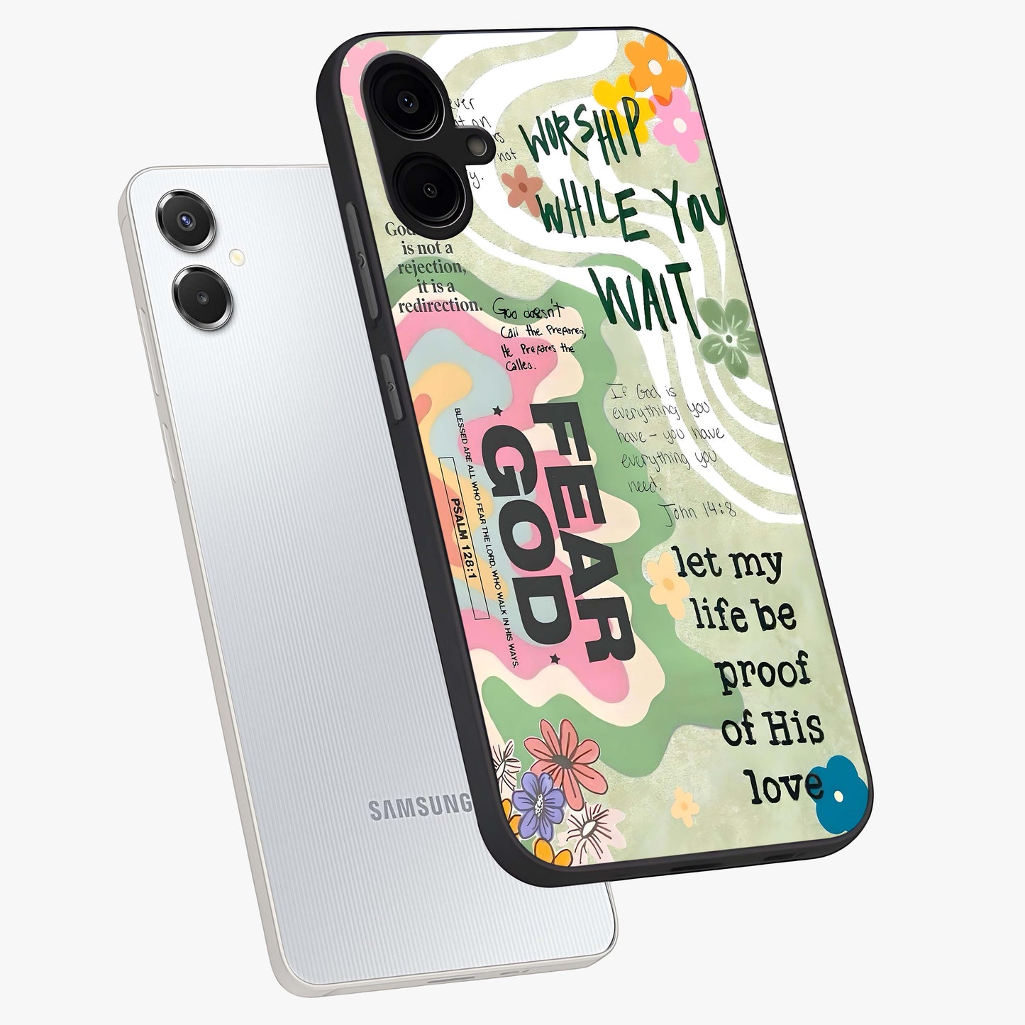 Faith Over Fear Glass Case displayed in angled mockup highlighting inspirational message design with modern aesthetic style.