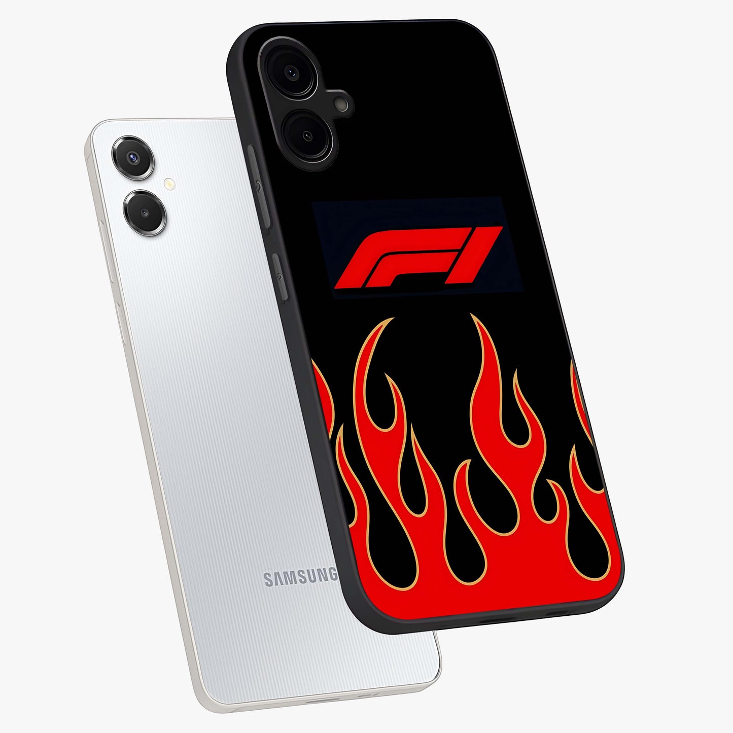 Fire F11 Glass Case displayed in angled mockup highlighting bold fire inspired graphic with energetic aesthetic style.