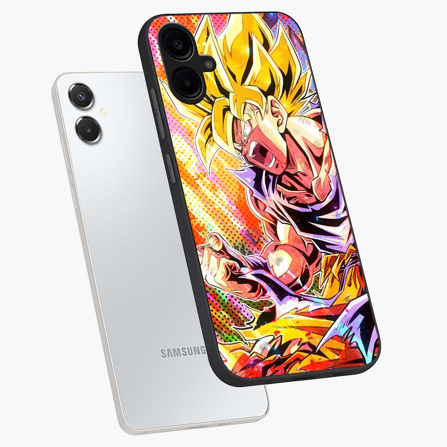 Firing Goku Glass Case displayed in angled mockup highlighting dynamic anime character design with action aesthetic.