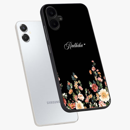 Floral Design With a Custom Personalized Name Glass Case displayed in angled mockup highlighting elegant floral pattern with custom name feature.