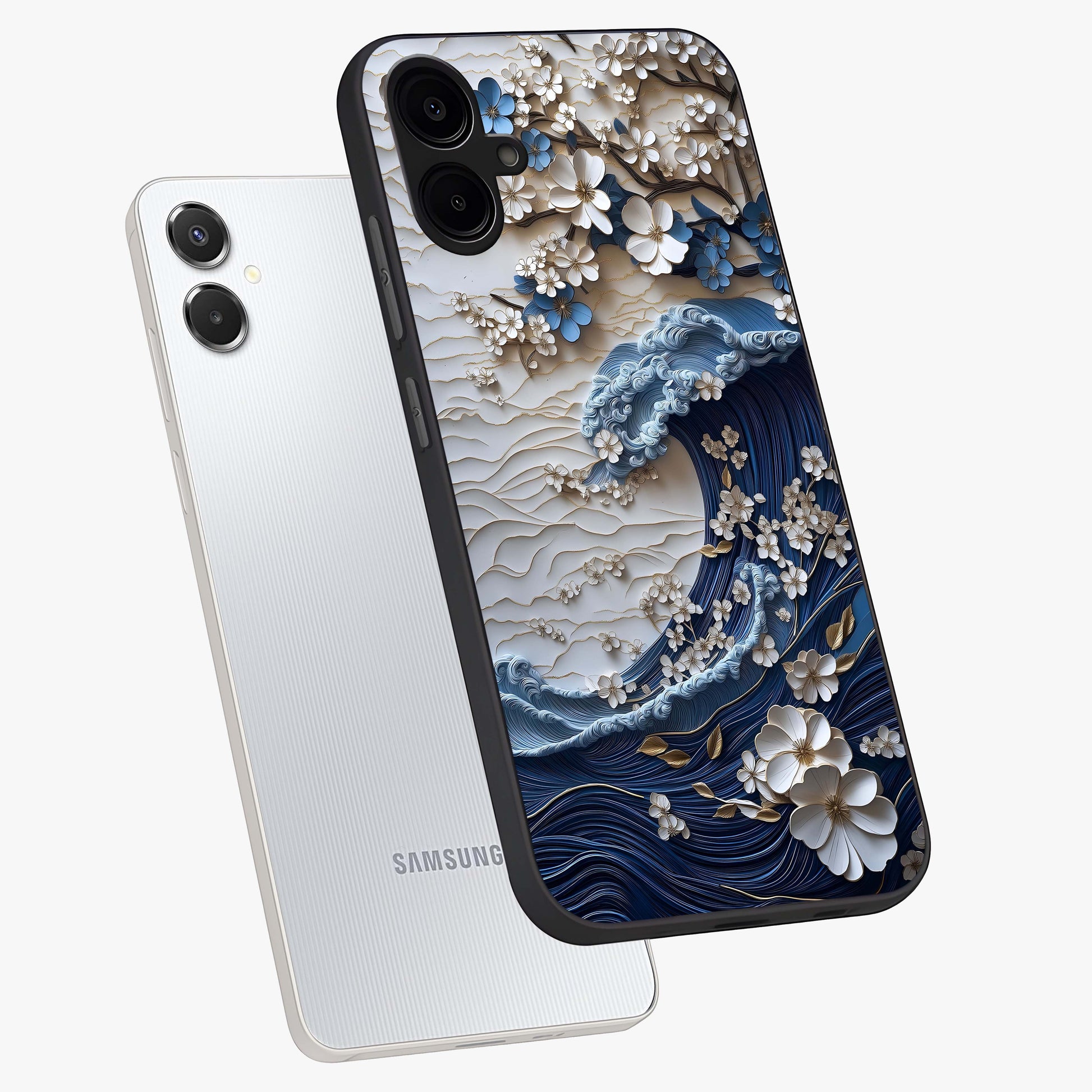 Floral Wave Origami Glass Case displayed in angled mockup highlighting geometric origami flower design with modern aesthetic style.