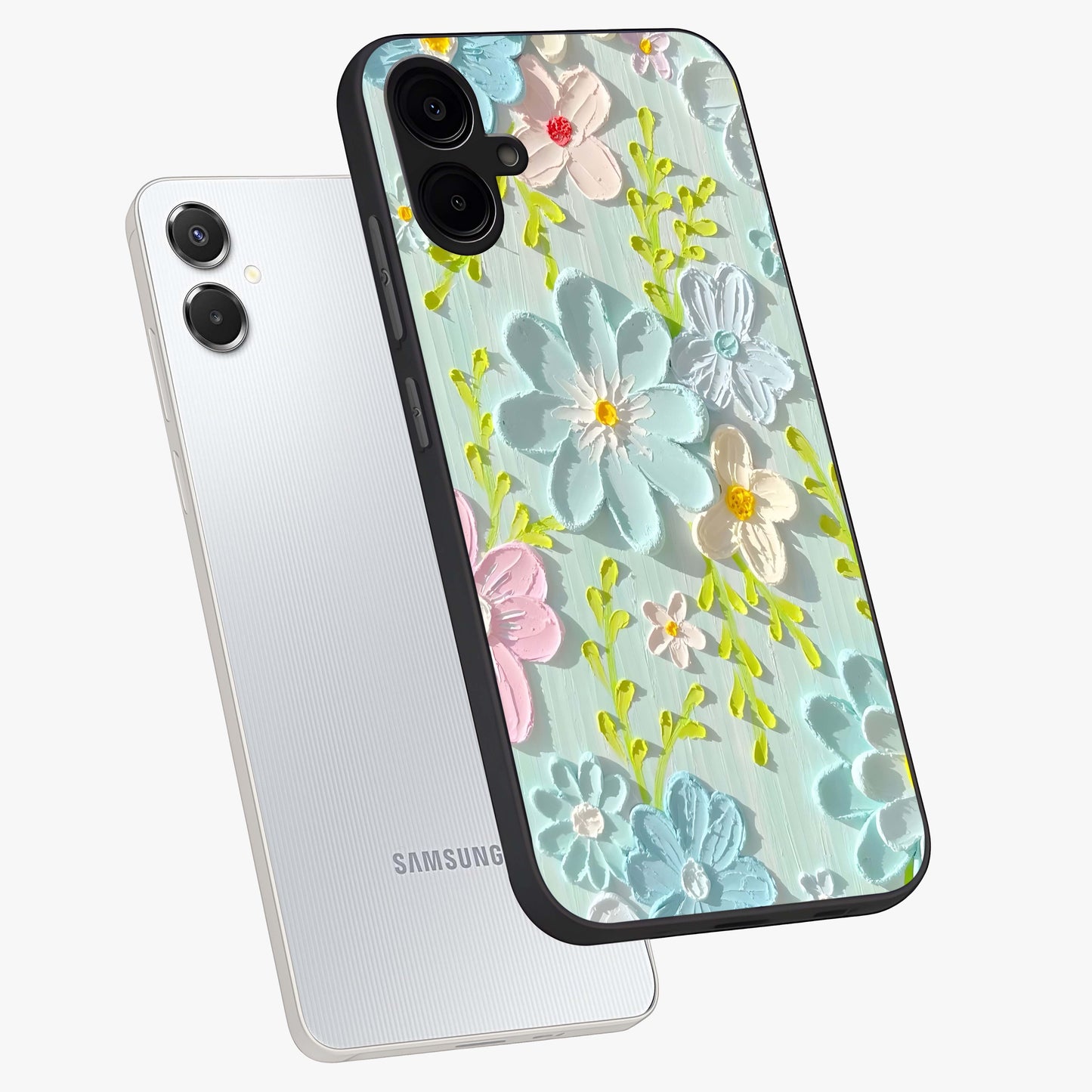 Frosted Petal Garden Glass Case displayed in angled mockup highlighting delicate flower petal design with calm garden aesthetic.