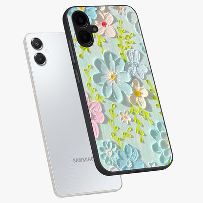 Frosted Petal Garden Glass Case displayed in angled mockup highlighting delicate flower petal design with calm garden aesthetic.