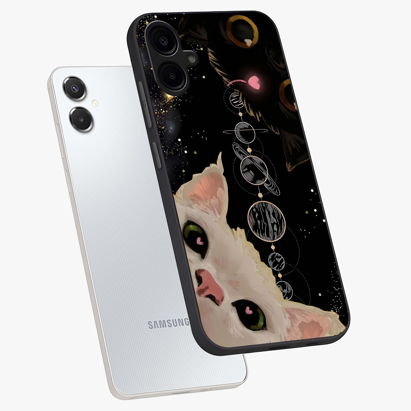 Galactic Cat Glass Case displayed in angled mockup highlighting celestial feline illustration with galaxy aesthetic style.